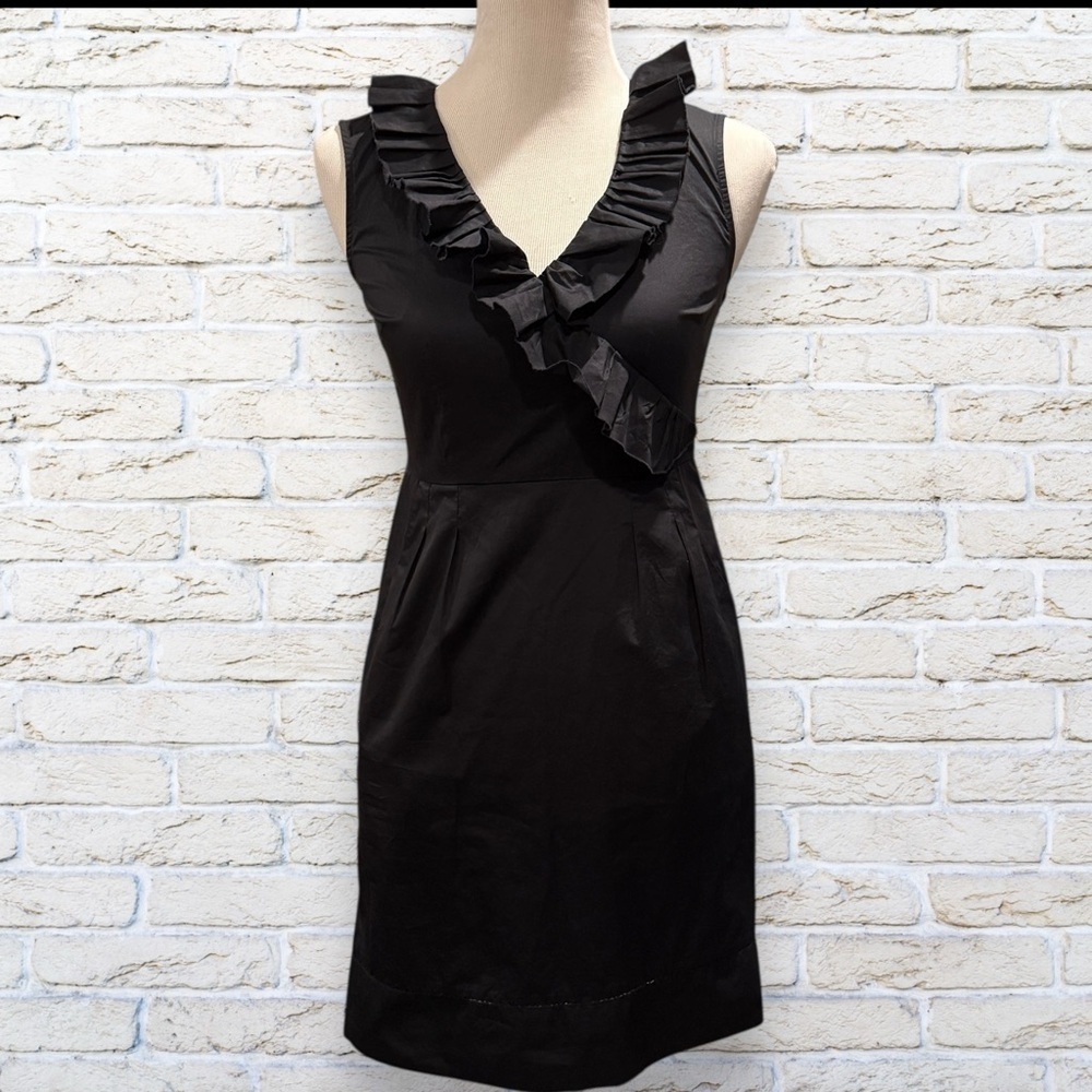 Loft Sleeveless Cotton Ruffle V Neck Dress Black Women's Size 2P 2 Petite